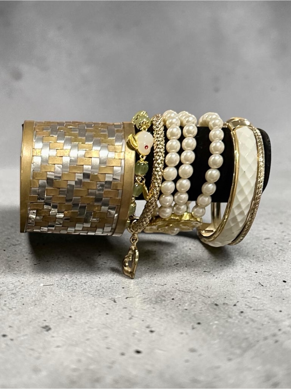 Gold Ivory Pearl Multi Stack Bracelet Set Woven Cuff Bangle Bridal Boho